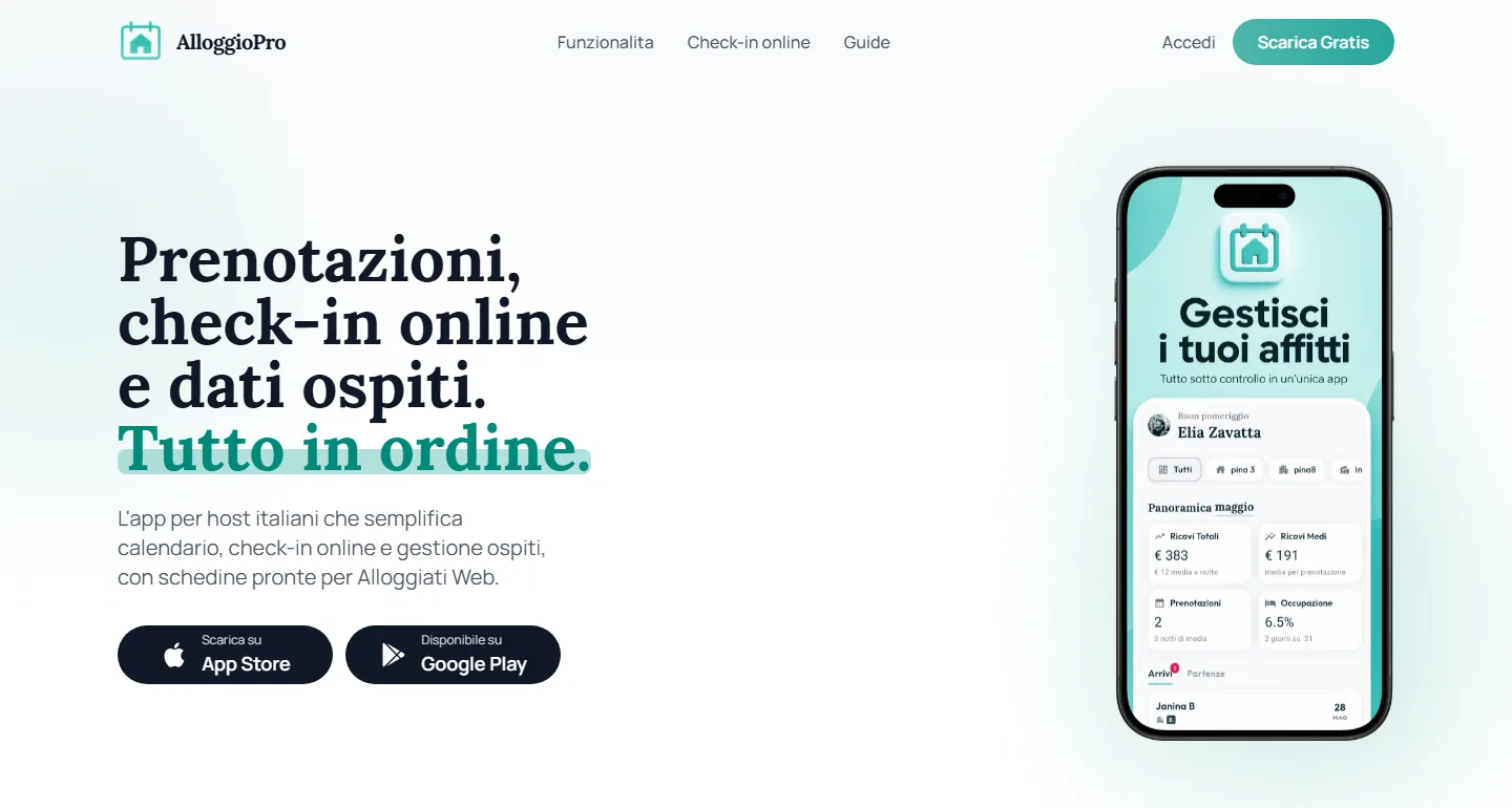 Sito di AlloggioPro: prenotazioni, check-in online e dati ospiti, con link agli store e anteprima della dashboard su smartphone