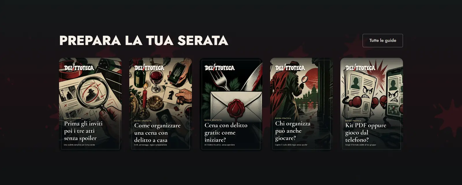 Sezione Prepara la tua serata con cinque copertine illustrate delle guide