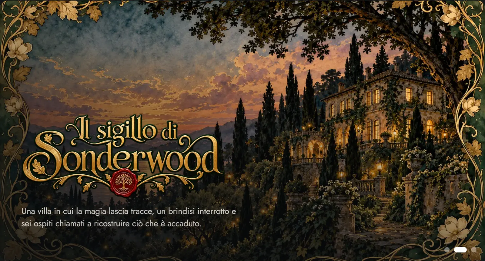 Home page di Delittoteca su desktop: carosello delle storie con l'illustrazione di una villa al tramonto