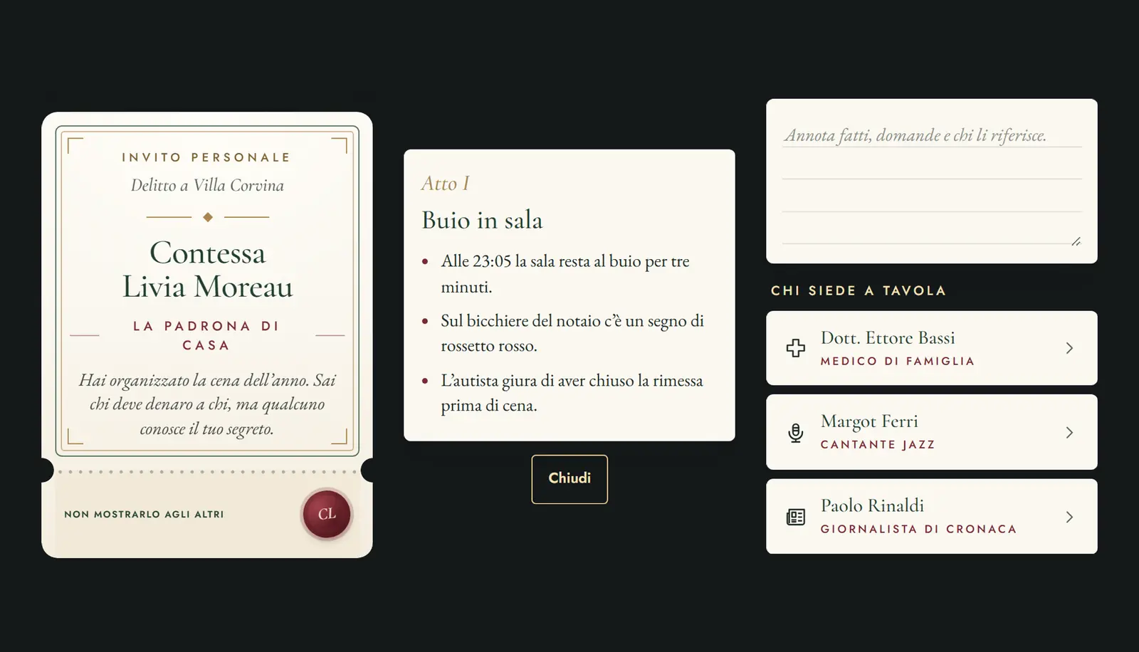 Tre schermate mobile del gioco: biglietto d'invito, atto con tre indizi e taccuino con la lista degli ospiti