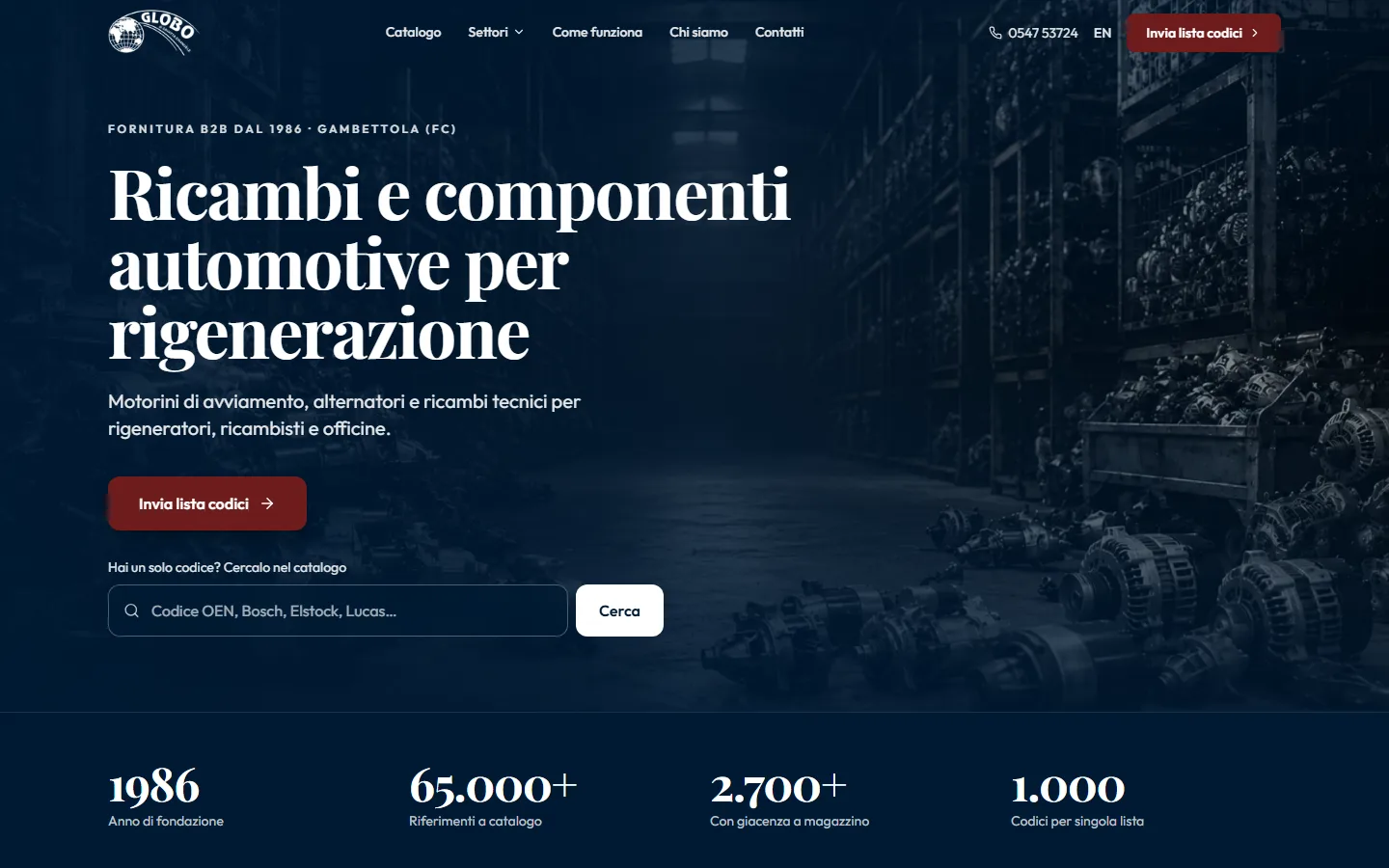 Home page di Globo Ricambi su desktop: proposta B2B, invio lista codici e ricerca nel catalogo per codice OEN, Bosch, Elstock o Lucas