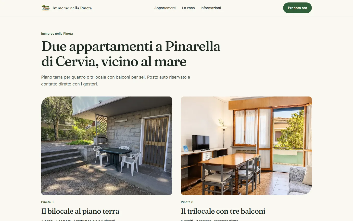Home page di Immerso nella Pineta: due appartamenti a Pinarella di Cervia con foto, nome dell'alloggio e pulsante Prenota ora
