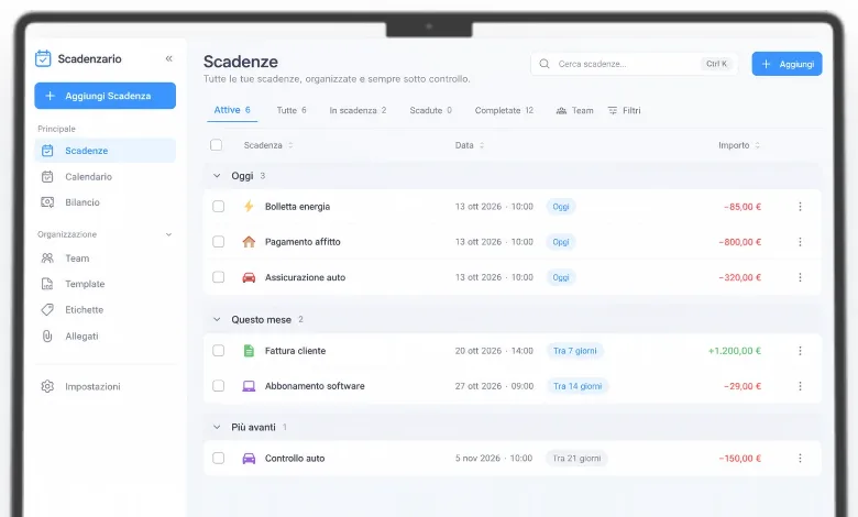 Versione web di Scadenzario: elenco scadenze raggruppate per Oggi, Questo mese e Più avanti, con importi e menu laterale