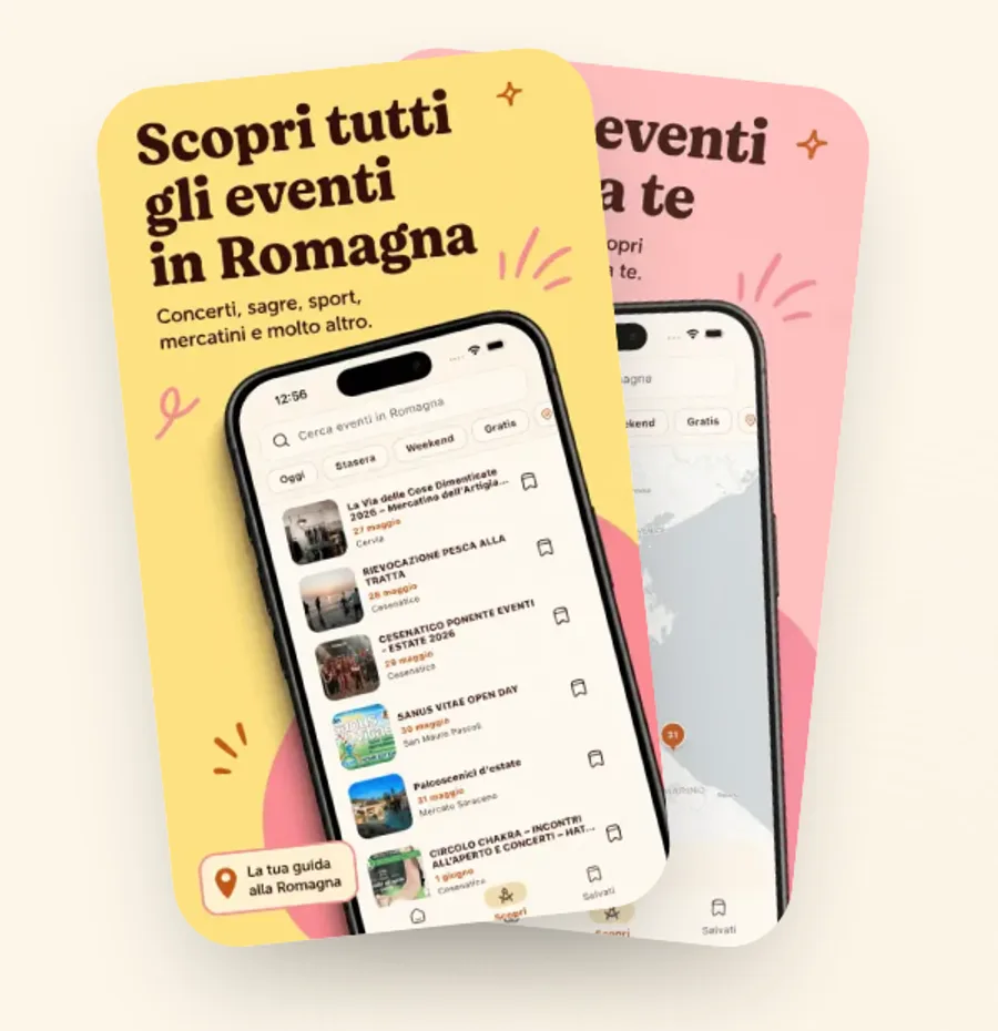 Schermate dell'app VitaRomagna Eventi: lista degli eventi in Romagna con filtri Oggi, Stasera, Weekend e Gratis, e mappa