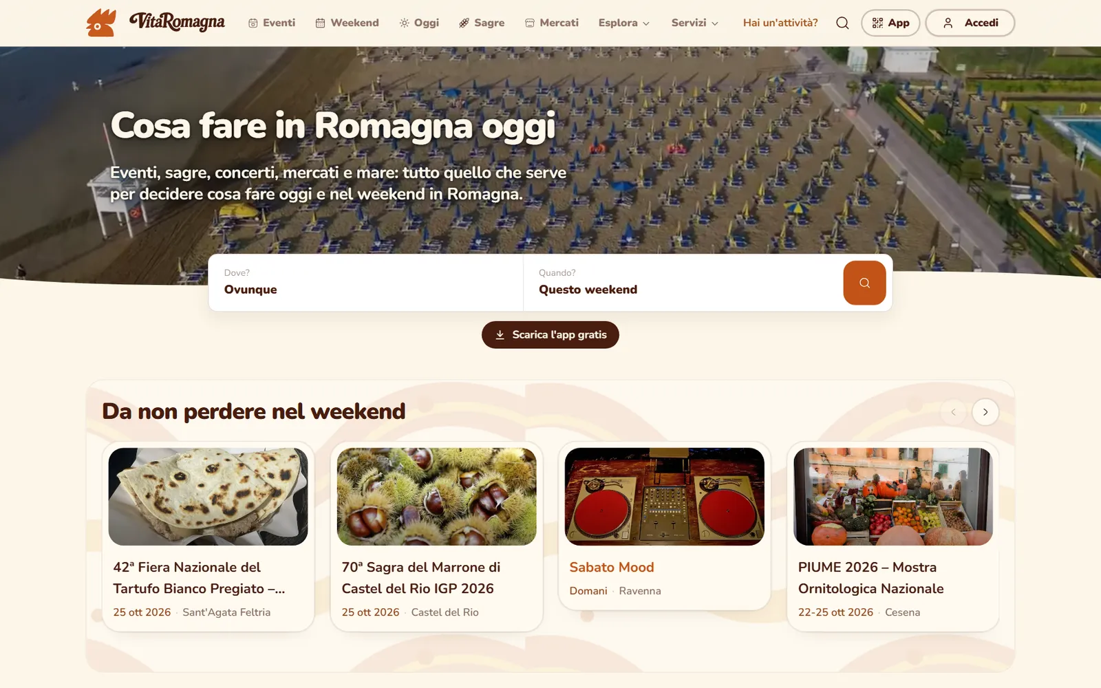 Home page di VitaRomagna su desktop: titolo Cosa fare in Romagna oggi, ricerca per luogo e data e carosello degli eventi da non perdere nel weekend