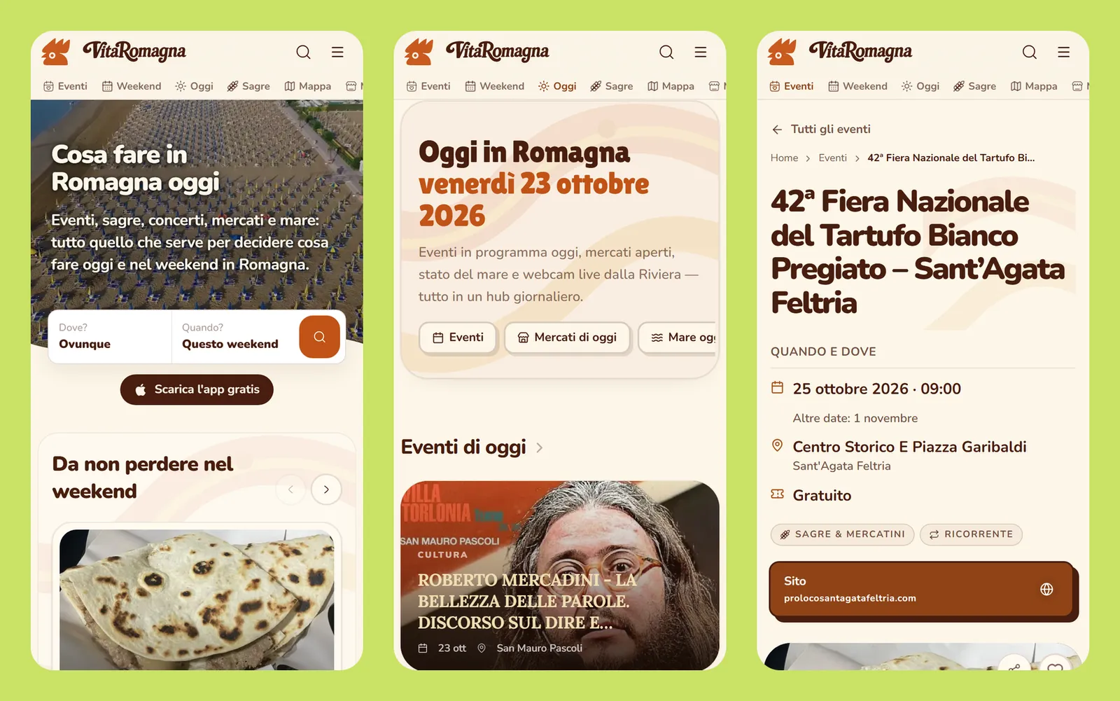 Tre schermate mobile di VitaRomagna: home con ricerca, hub Oggi in Romagna e scheda della Fiera del Tartufo con data, luogo e prezzo